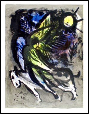 (alt="original lithography Marc CHAGALL L'ange survolant la forêt d'Eden 1960")