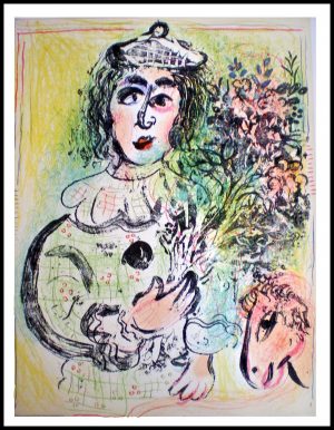 (alt="original lithography Marc CHAGALL le clown avec fleurs 1963")