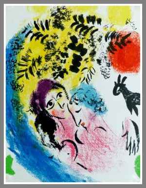 (alt="original lithography Marc CHAGALL les amoureux au soleil rouge 1960")