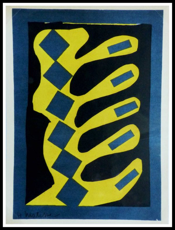 (alt="lithography Henri MATISSE Yellow blue and black composition signed in the plate and printed by MOURLOT 1954, limited edition")