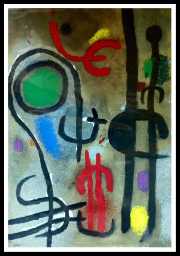 (alt="stencil Joan MIRO Personnage et oiseaux signed in the plate 1965")