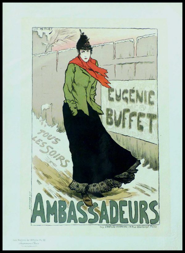 (alt="original lithography art nouveau Lucien METIVET Eugénie BUFFET from Masters of posters 1896 signed in the plate and printed by CHAIX")