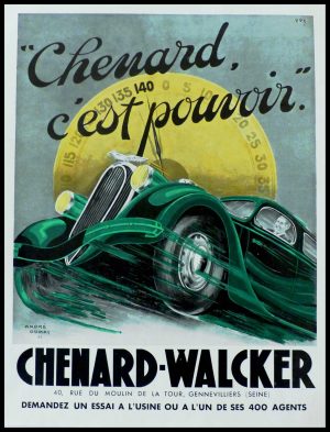 (alt="original vintage advertising car CHENARD WALCKER signed André DUMAS 1936")