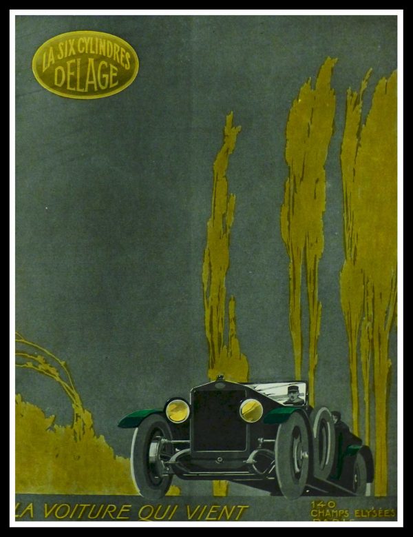 (alt="original vintage advertising car from newspaper voiture DELAGE signed Henri LEBOEUF 1919")