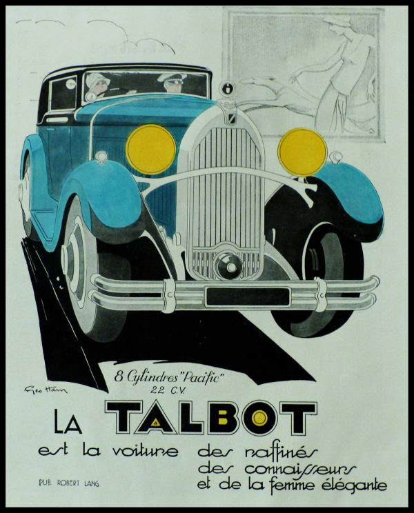 (alt="original vintage advertising car TALBOT signed Géo HAM 1929")