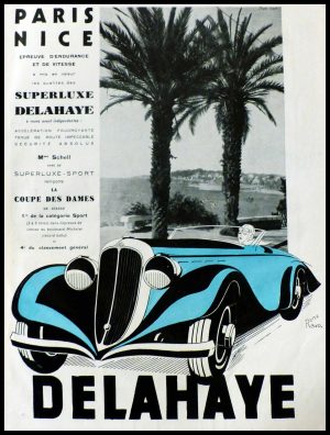 (alt="original vintage advertising car DELAHAYE signed René RAVO 1928")