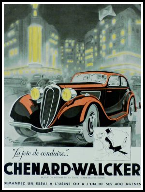 (alt="original vintage advertising car CHENARD-WALCKER signed Géo HAM 1936")