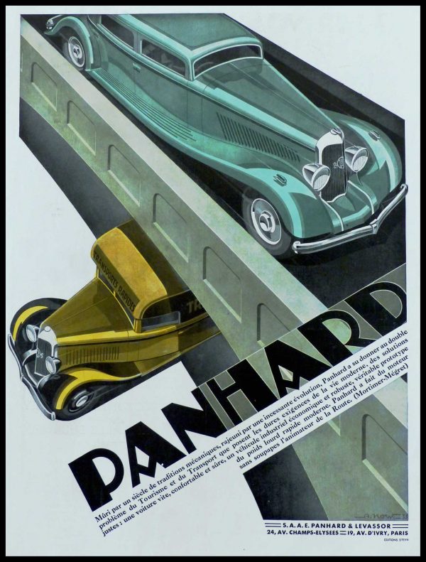 (alt="original vintage advertising car Voiture PANHARD signed A. KOW 1935")