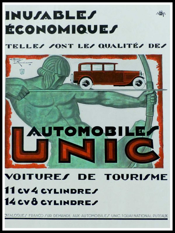(alt="original vintage advertising car UNIC signed Henri LEMONNIER 1927")