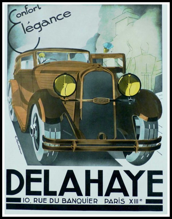 (alt="original vintage advertising car from newspaper DELAHAYE Confort Elégance signed G. RONDEAU 1932")