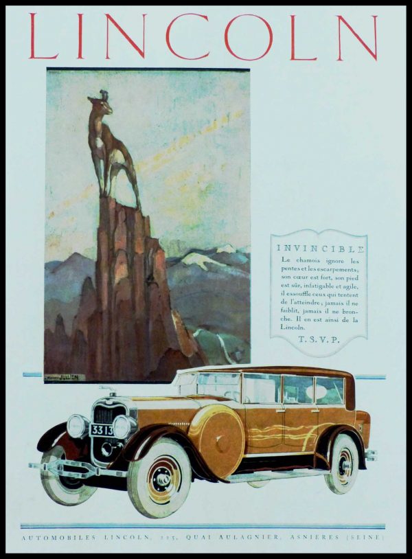(alt="original vintage advertising car from newspaper Automobiles LINCOLN signed Renée JULLIEN 1928")