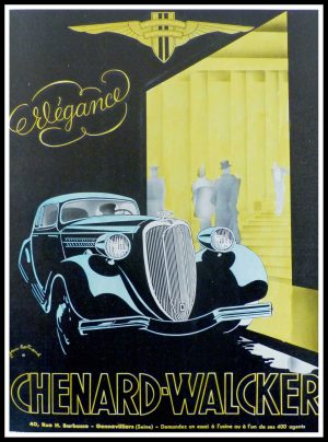 (alt="original vintage advertising car CHENARD-WALCKER Elégance signed Jean BERTRAND 1936")