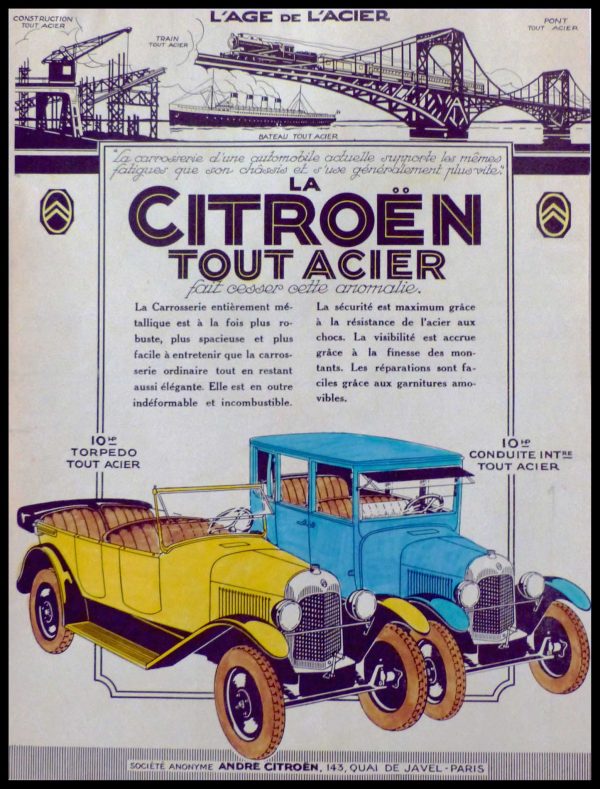 (alt="original vintage advertising car from newspaper automobiles LA CITROEN TOUT ACIER anonymous 1930")