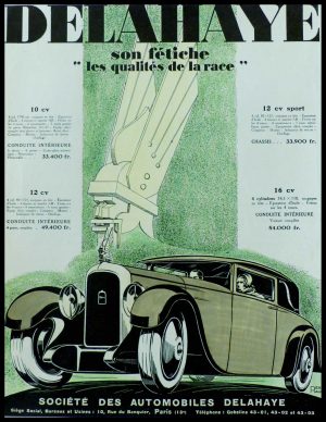 (alt="original vintage advertising car Voiture DELAHAYE signed René RAVO 1928")