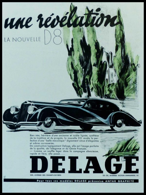 (alt="original vintage advertising car from newspaper DELAGE une révélation la nouvelle D8 signed RENLUC 1936")