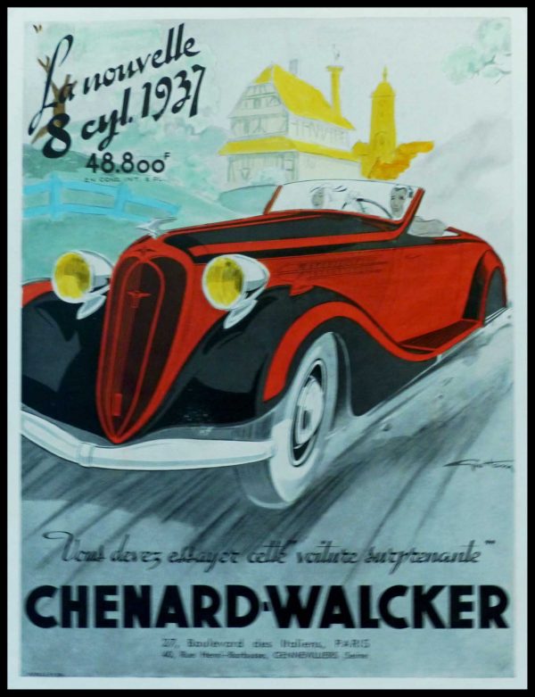 (alt="original vintage advertising car CHENARD-WALKER, signed Géo HAM 1937")