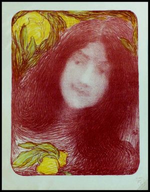 (alt="original lithography Jean AMAN Sous les fleurs from l'Estampe Moderne 1897 Art Nouveau signed in the plate printed by CHAMPENOIS")