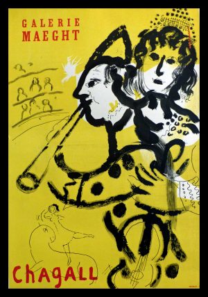 (alt="original vintage poster lithography Galerie Maeght PARIS le clown musicien Marc CHAGALL unsigned printed by MOURLOT Paris")