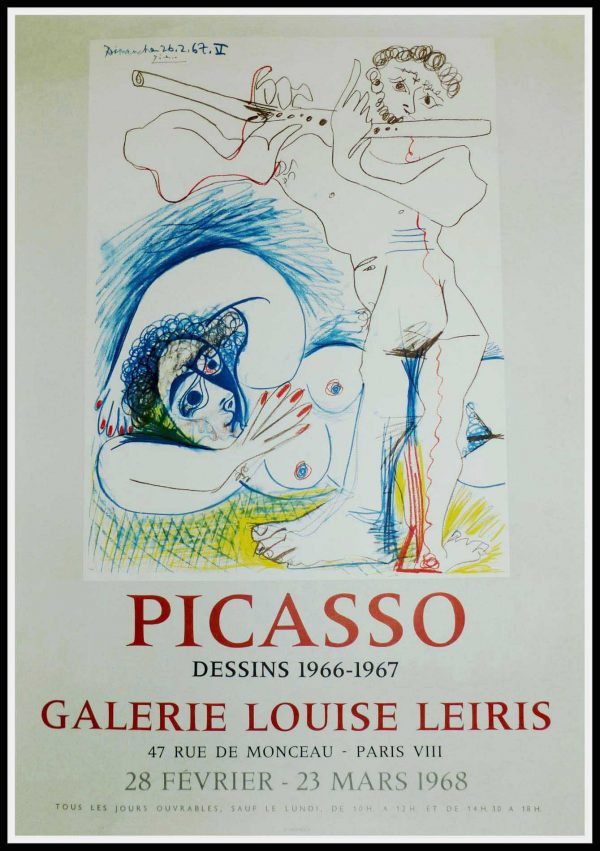 (alt="original vintage poster lithography Pablo PICASSO Galerie Louise LEIRIS 1968 printed by Mourlot PARIS")