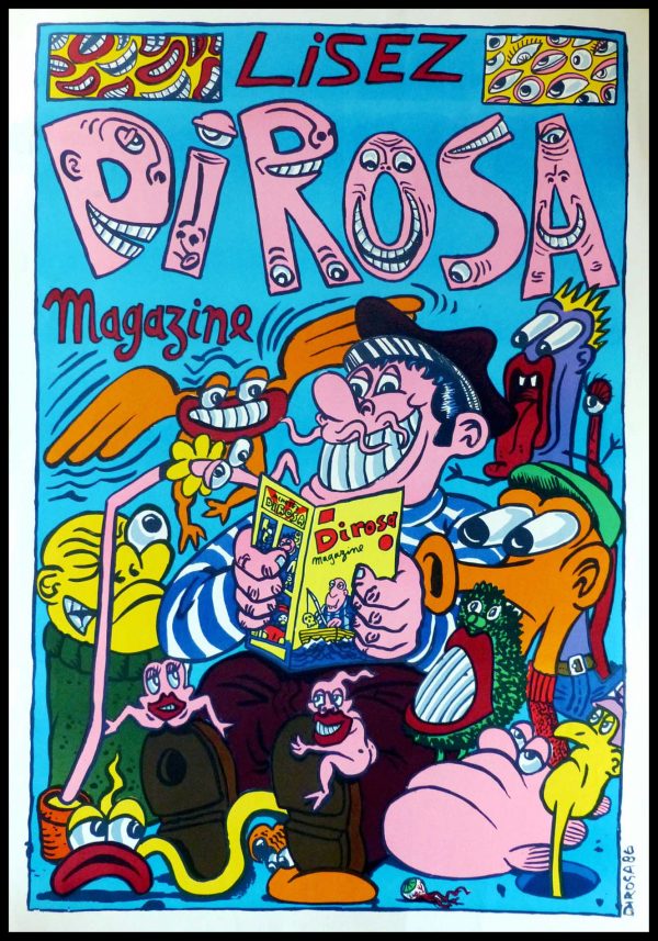 (alt="original vintage poster lithography Hervé DI ROSA, lisez le magazine DI ROSA 1986, signed in the plate and printed by DI ROSA Graphic 1986")