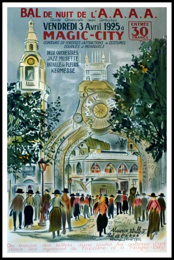(alt="original vintage poster lithography Maurice UTRILLO, Bal de Nuit de l'A.A.A. 1925 Magic city signed in the plate, épreuve sur velin d'arches 1921")