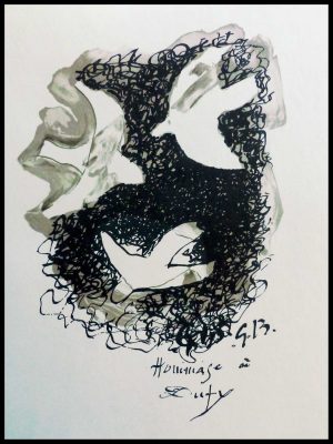 (alt="lithographie Georges BRAQUE, Hommage à DUFY, lettre à mon peintre, signée dans la planche imprimerie Mourlot 1965")
