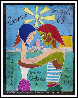 (alt="GALERIE 65 CANNES 68 x 52.5 cm Jean COCTEAU signé dans la planche Imprimerie MOURLOT 1961 Deschamps lithographie")