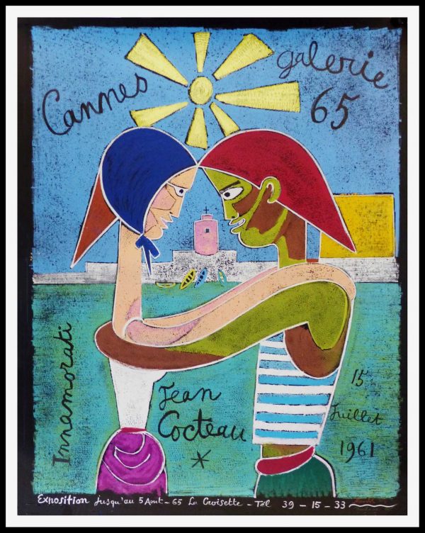 (alt="GALERIE 65 CANNES 68 x 52.5 cm Jean COCTEAU signé dans la planche Imprimerie MOURLOT 1961 Deschamps lithographie")