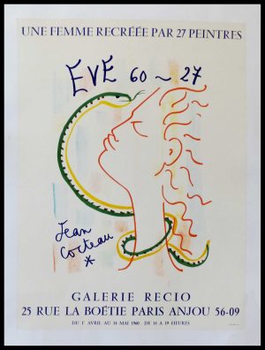 (alt="original vintage poster, Jean COCTEAU, 1960, EVE, signed in the plate printed by Presse artisitique Paris")
