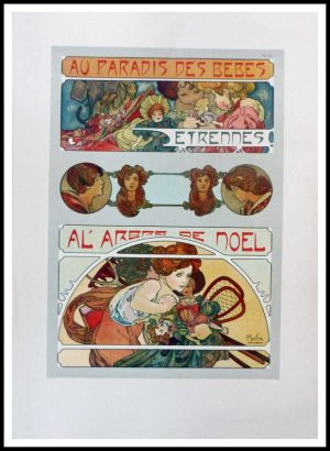 (alt="MUCHA, Documents décoratifs, plate 56, au paradis des bébés à l'arbre de Noël, original lithograph, Emile LEVY Edition")