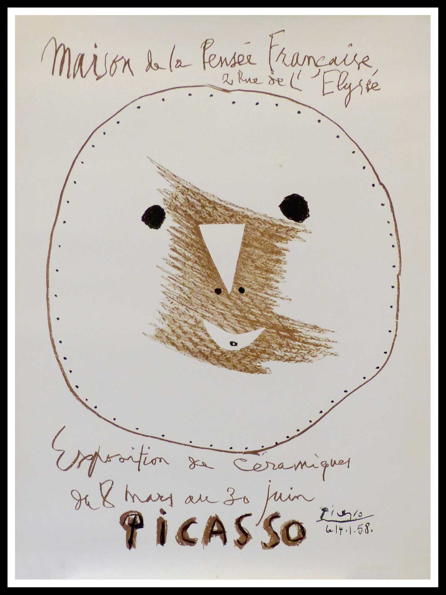 Maison de la pensée française Exposition de céramiques 65 x 47.5 cm Pablo Picasso signé dans la planche 1958
