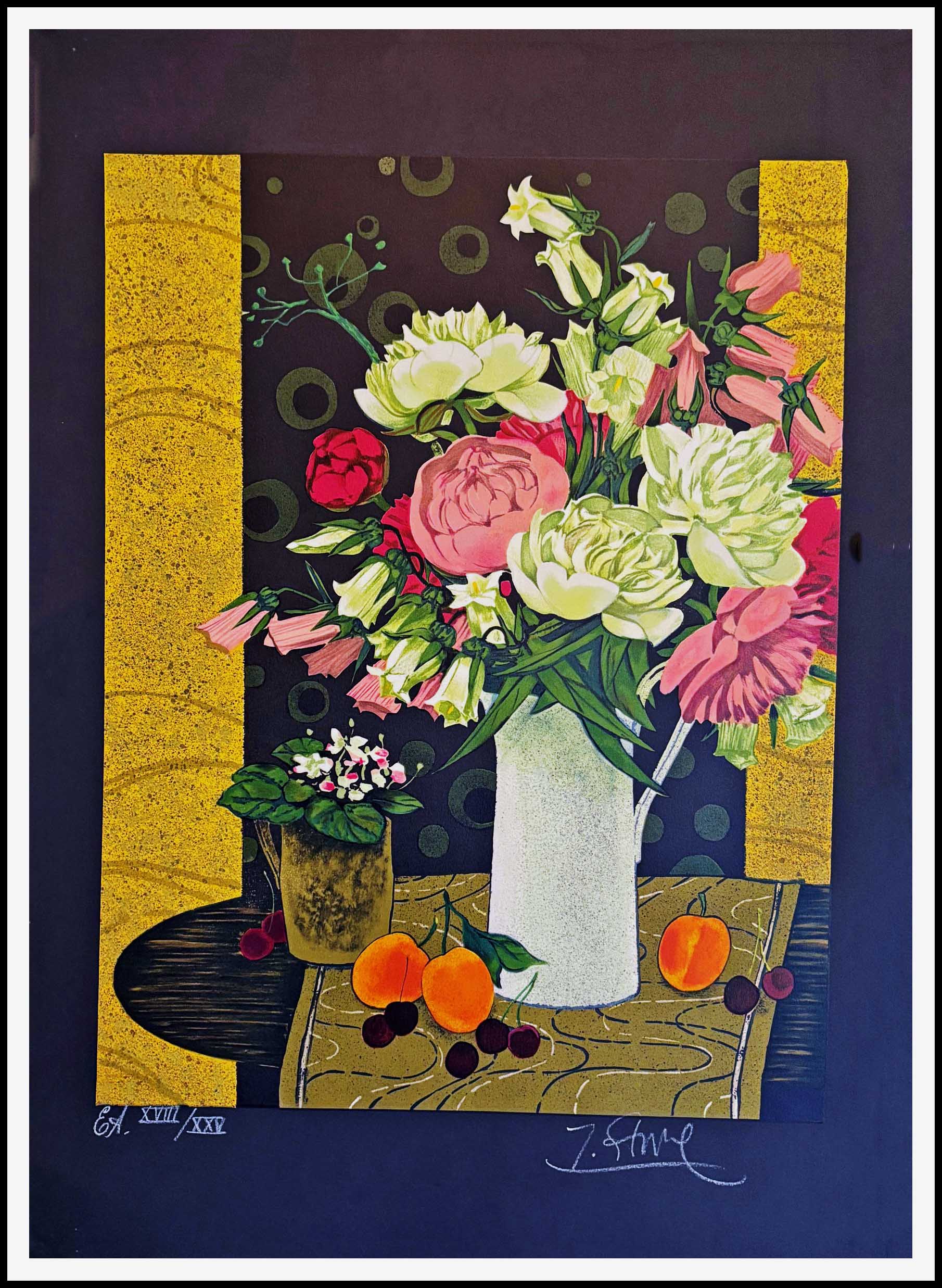 BOUQUET DE FLEURS 75 x 53 cm Yves GANNE Epreuve d artiste XVIII sur XXV signé dans la planche papier vélin d arches
