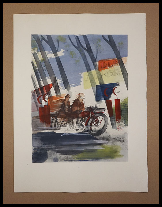 Milivoj Uzelac lithographie originale, Course en moto, Les Harley Davidson