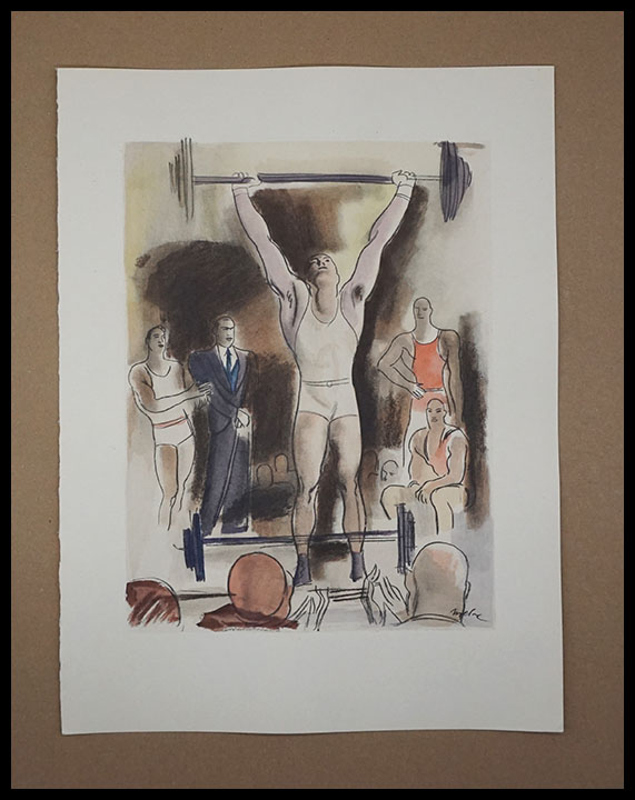 Milivoj Uzelac lithographie originale, Haltérophilie, Les poids et les haltères